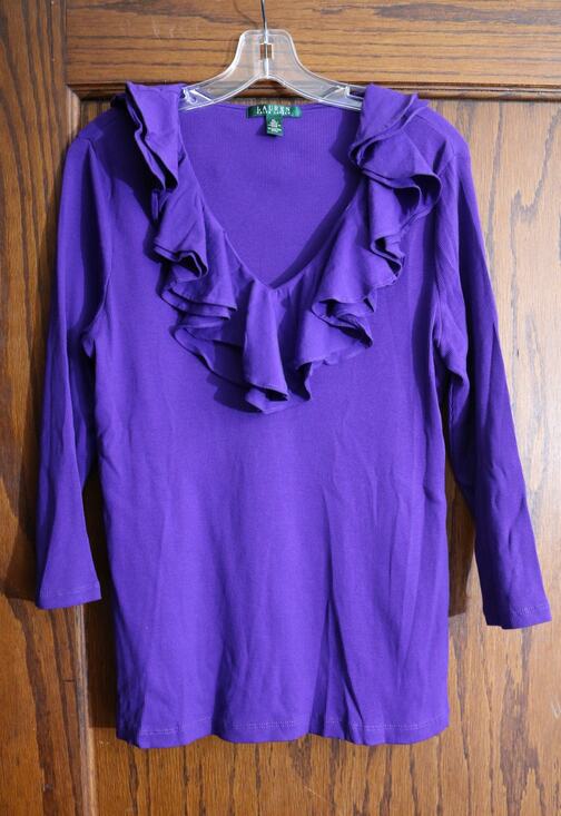 Lauren Ralph Lauren Tops - LAUREN RALPH LAUREN Shirt Womens XL Purple Long Sleeve Ruffle Collar Texture